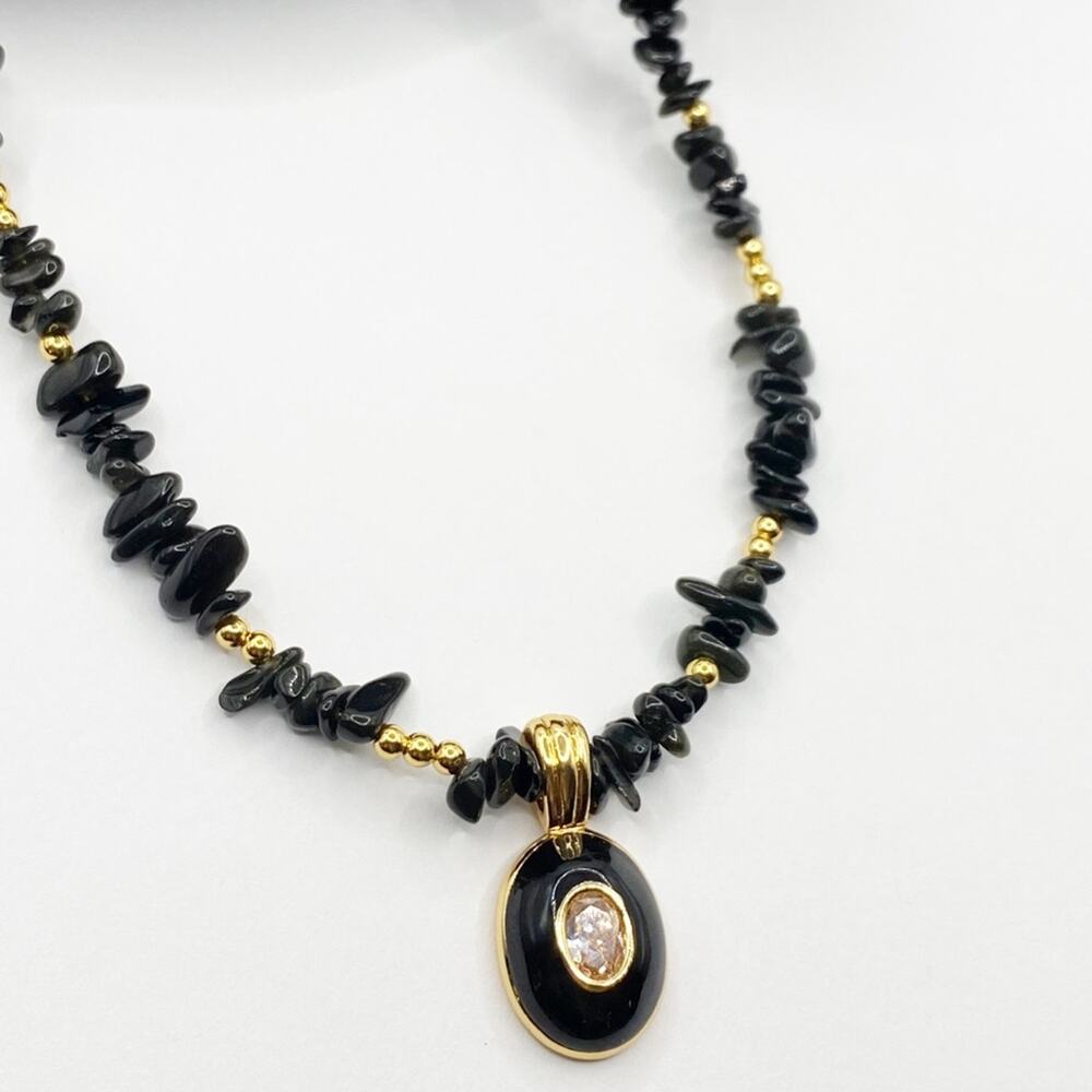 NEW Black Onyx Stone Bead Pink Pendant Necklace